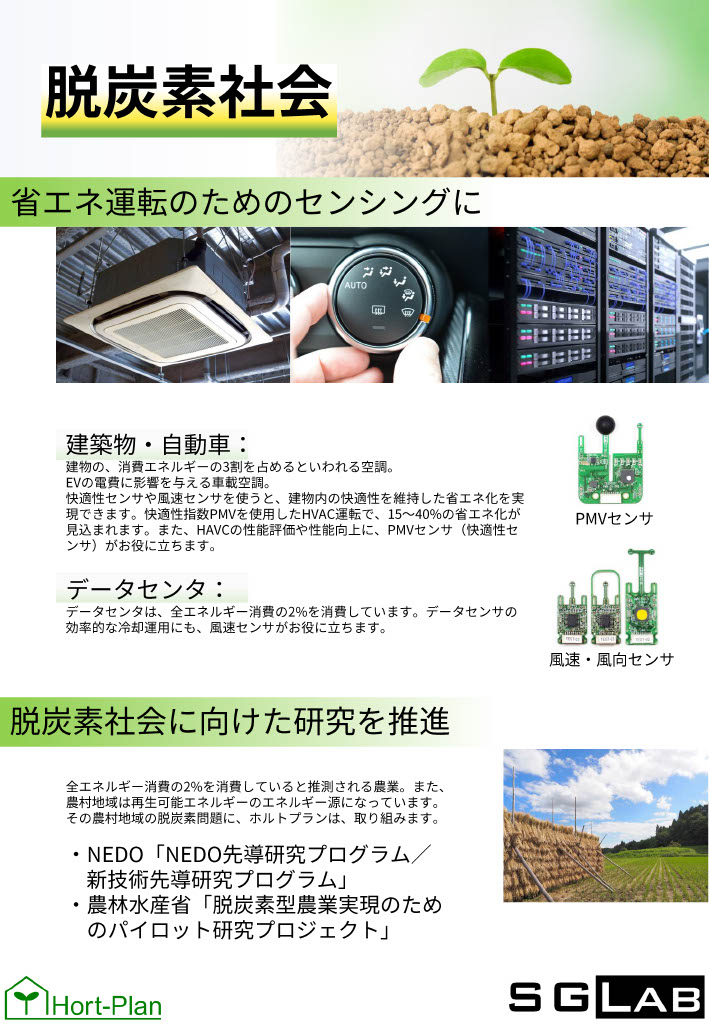 脱炭素社会
［省エネ運転のためのセンシングに
］
・建築物・自動車
建物の、消費エネルギーの3割を占めるといわれる空調。
EVの電費に影響を与える車載空調。
快適性センサや風速センサを使うと、建物内の快適性を維持した省エネ化を実現できます。快適性指数PMVを使用したHVAC運転で、15～40%の省エネ化が見込まれます。また、HAVCの性能評価や性能向上に、PMVセンサ（快適性センサ）がお役に立ちます。

・データセンタ：
データセンタは、全エネルギー消費の2%を消費しています。データセンタの効率的な冷却運用にも、風速センサがお役に立ちます。


